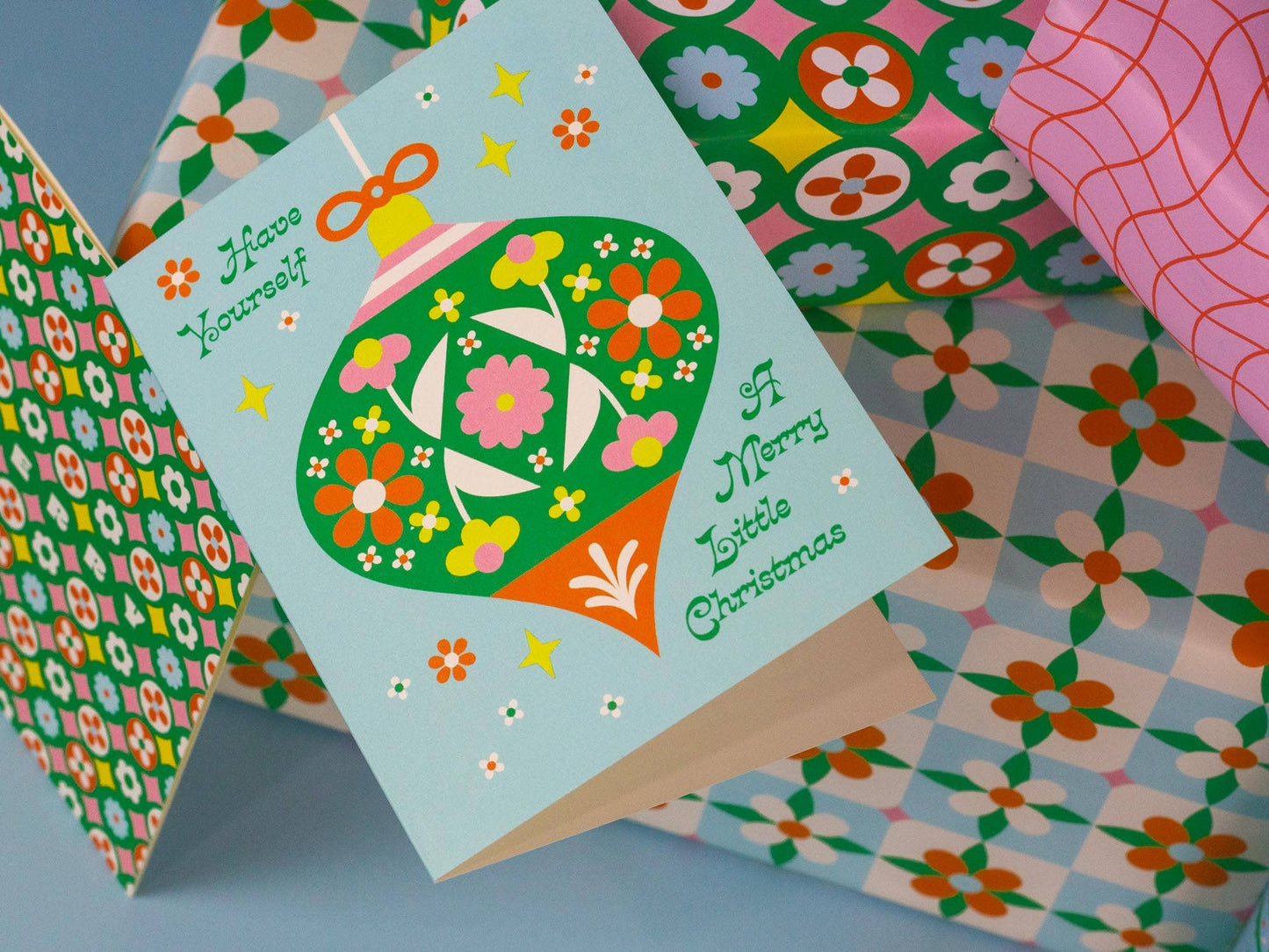 Merry Little Ornament • Retro Floral Christmas Card Set
