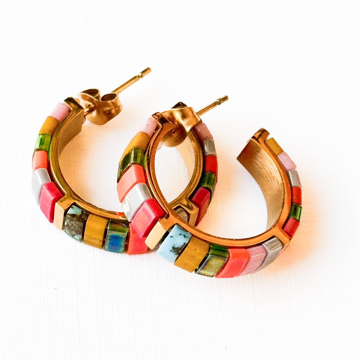 Small Tila Bead Hoop Earrings Gold-Plated, Handmade, Unique