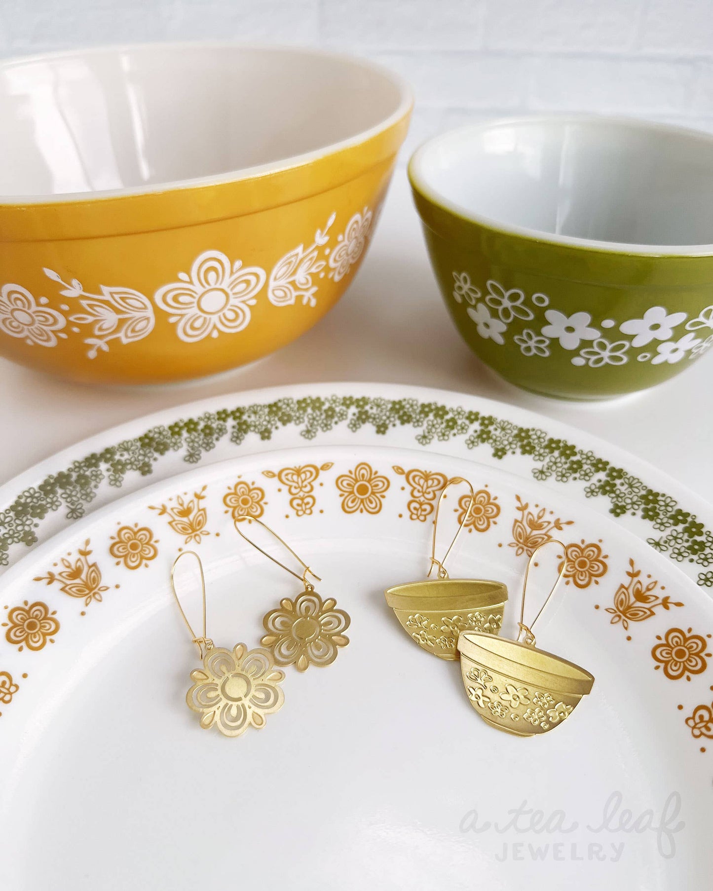 Retro Pyrex Flower Earrings | Butterfly Gold Pattern