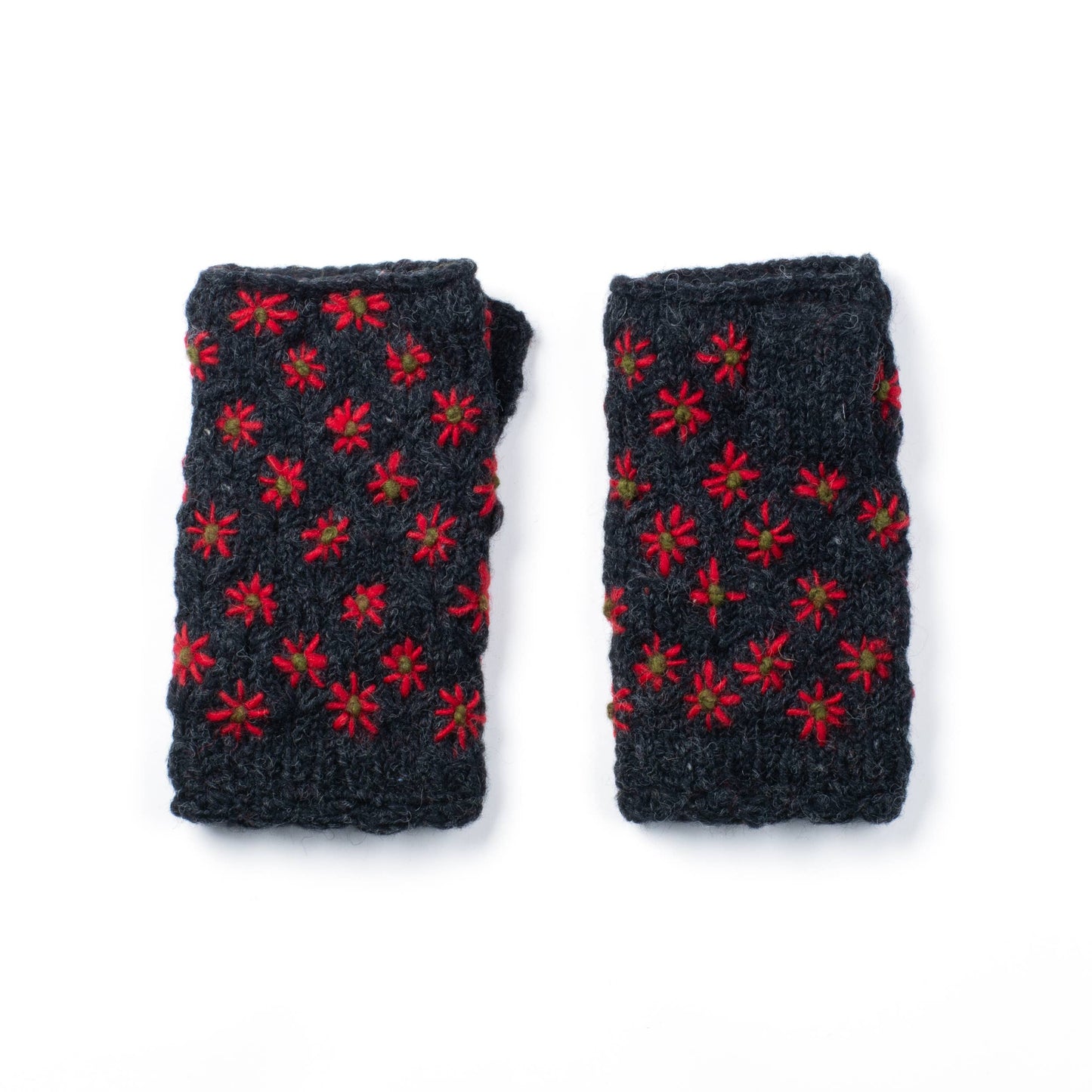 Anaya Handwarmers – Wool Knit with Floral Embroidery