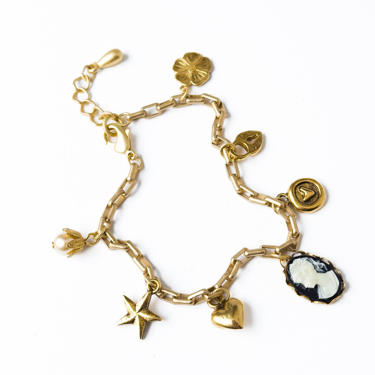 Adjustable 24K Satin Gold Paperclip Charm Bracelet