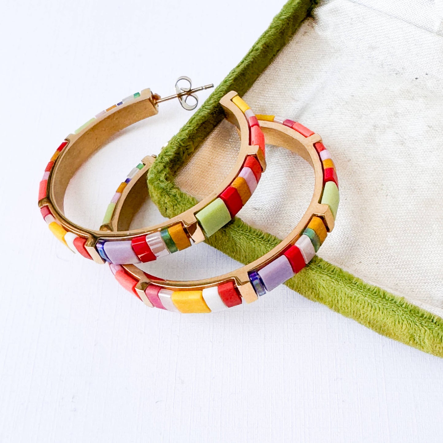 Big Tila Bead Hoop Earrings Gold-Plated, Handmade & Unique