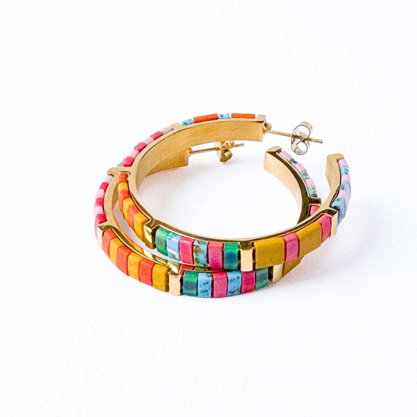 Big Turquoise Tila Bead Hoop Earrings Gold-Plated, Handmade