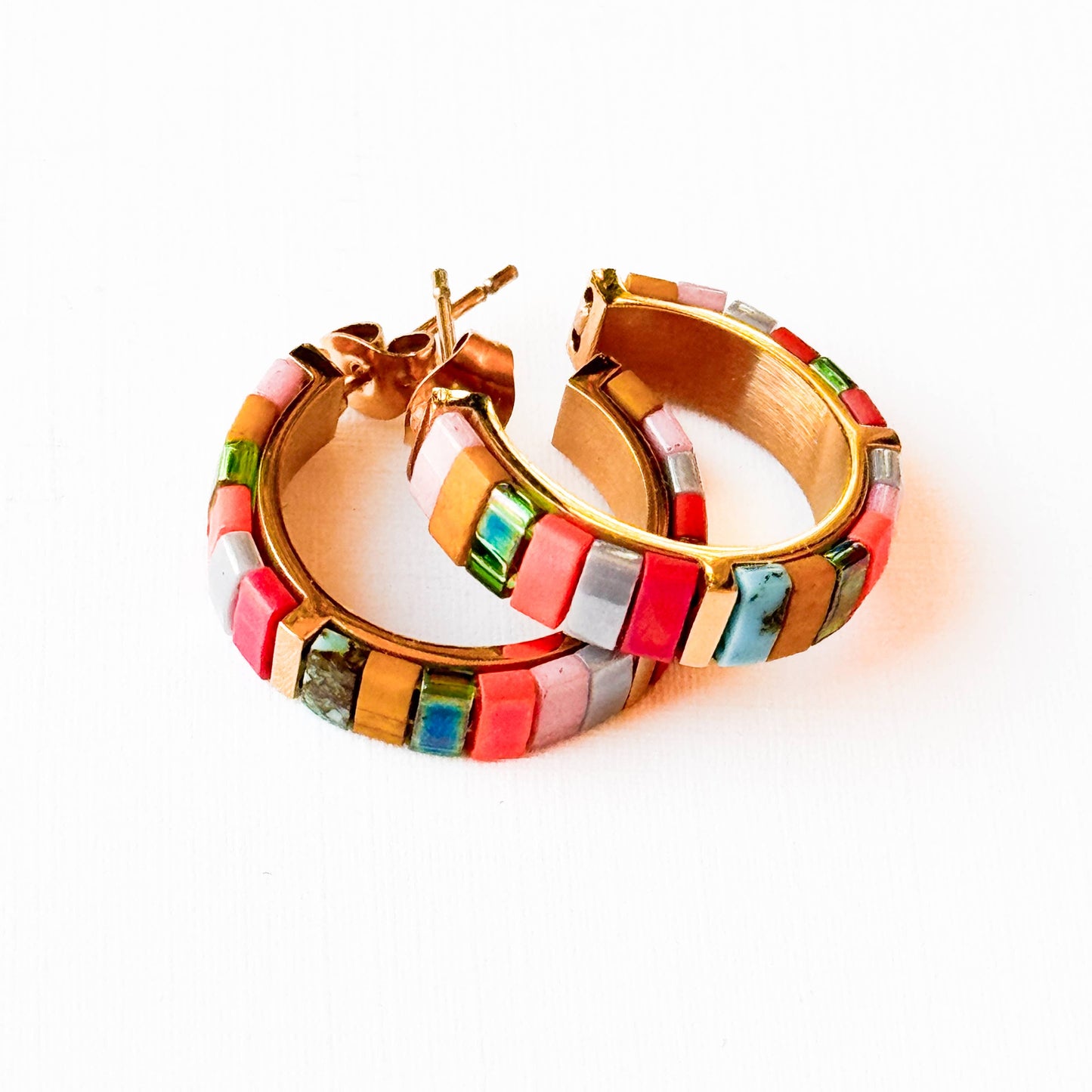 Small Tila Bead Hoop Earrings Gold-Plated, Handmade, Unique