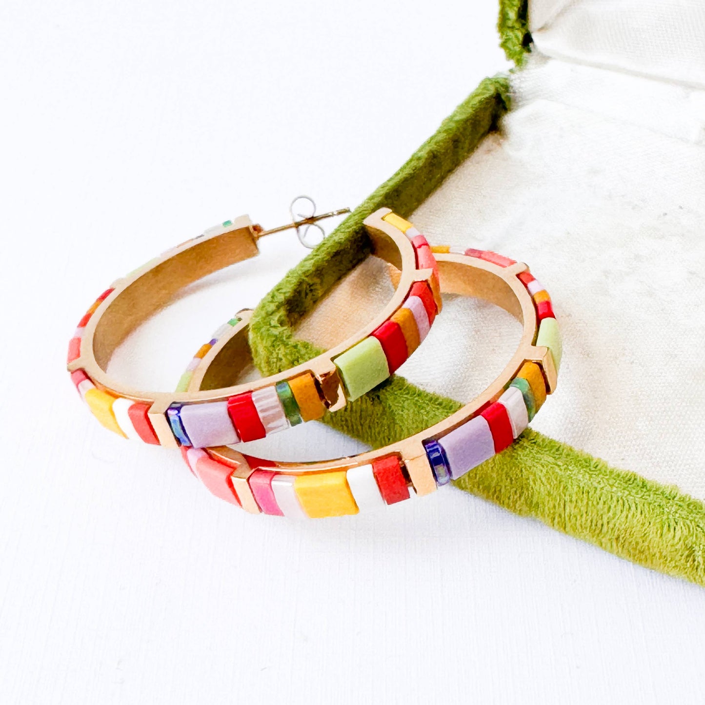 Big Tila Bead Hoop Earrings Gold-Plated, Handmade & Unique