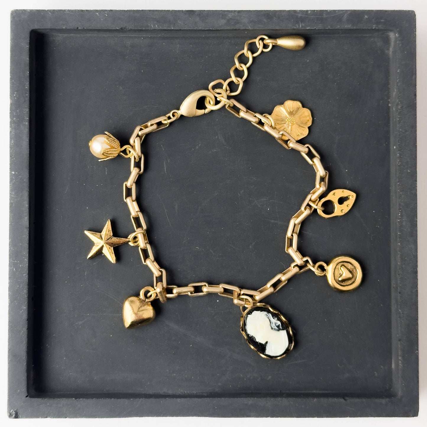Adjustable 24K Satin Gold Paperclip Charm Bracelet