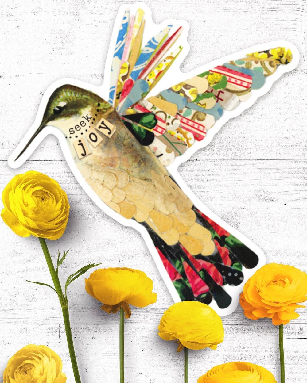 Seek Joy hummingbird sticker with artwork by Kelly Rae Roberts