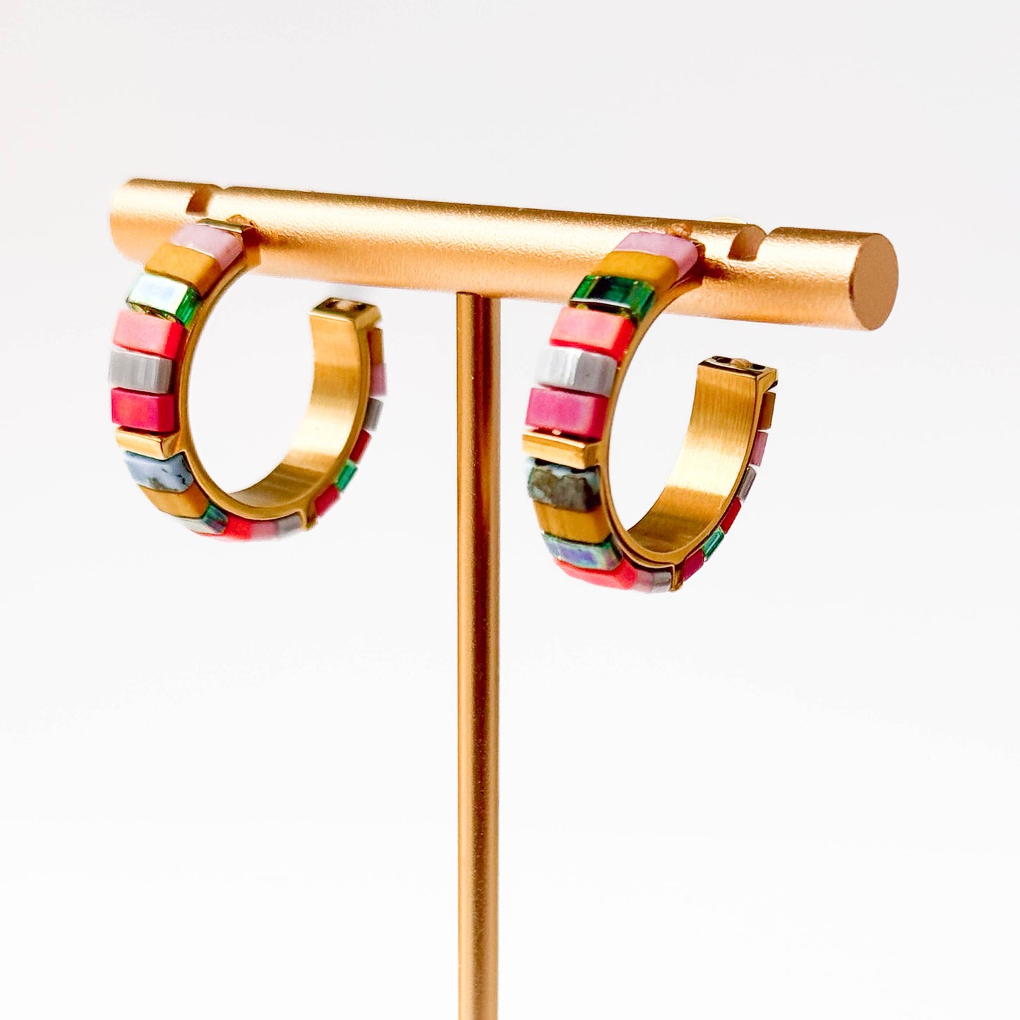 Small Tila Bead Hoop Earrings Gold-Plated, Handmade, Unique
