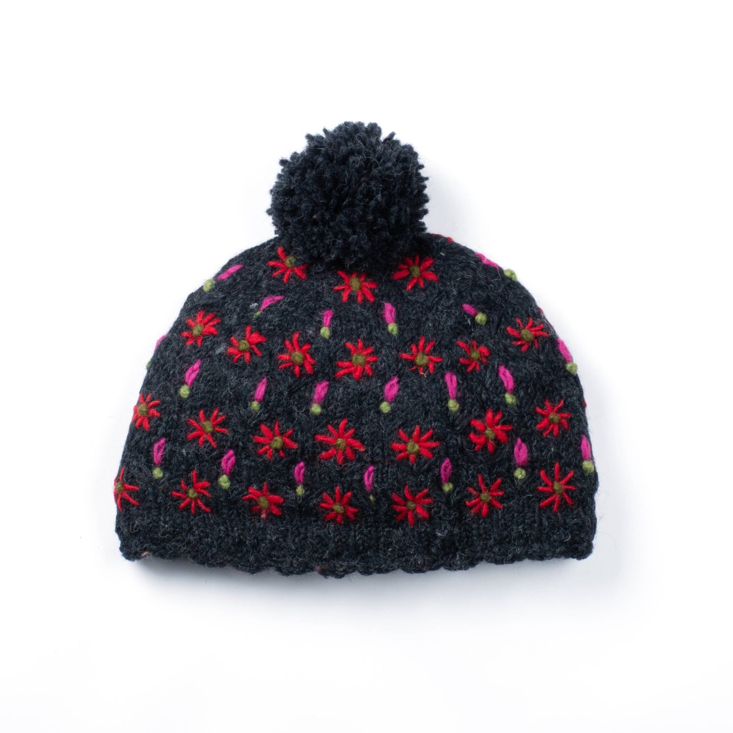 Anaya Beanie Hat – Wool Knit with Floral Embroidery