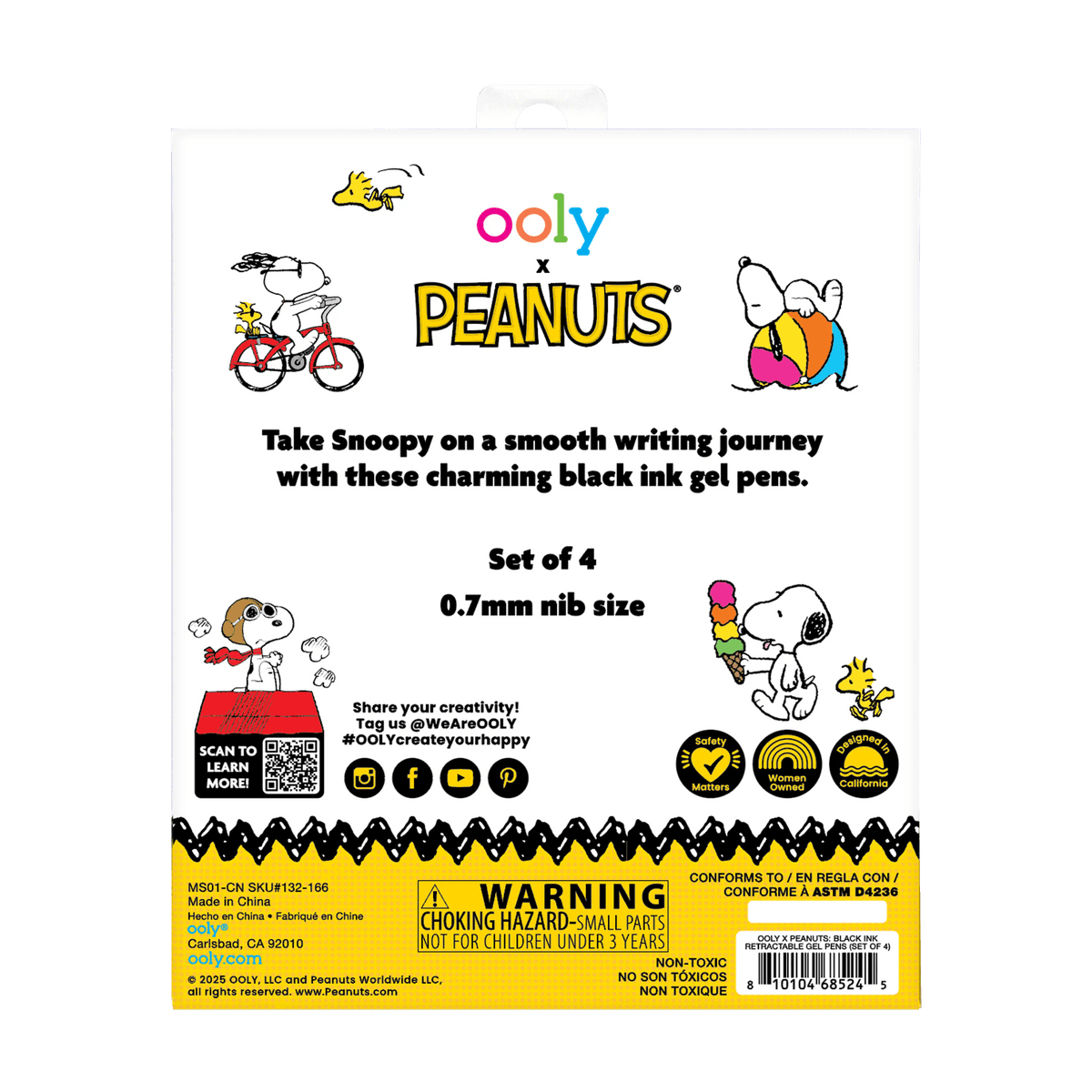 OOLY x Peanuts: Black Ink Retractable Gel Pens (Set of 4)