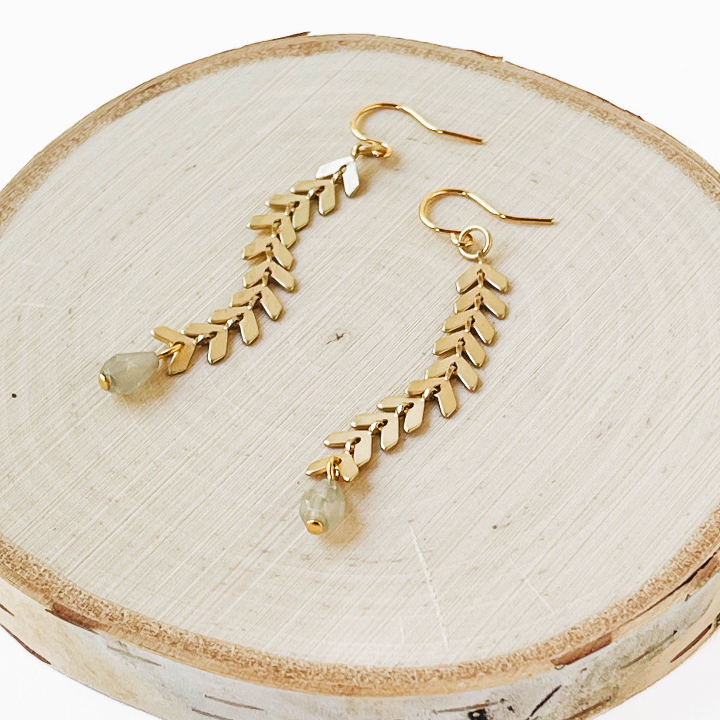 Long Gold Chevron and  Pale grey Bead Earrings