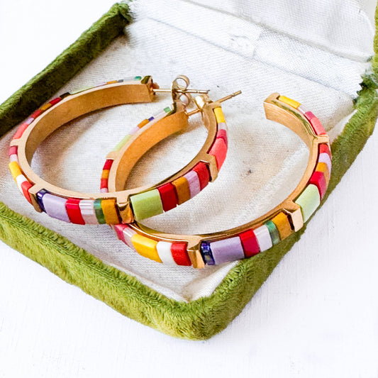 Big Tila Bead Hoop Earrings Gold-Plated, Handmade & Unique