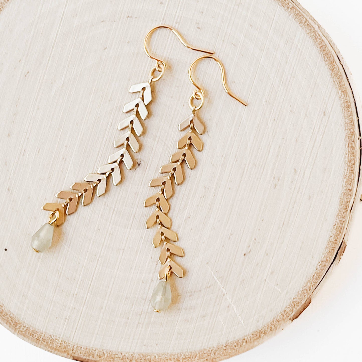 Long Gold Chevron and  Pale grey Bead Earrings