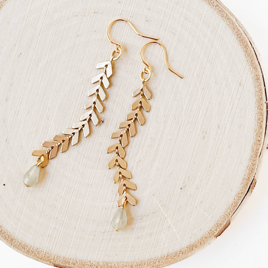 Long Gold Chevron and  Pale grey Bead Earrings