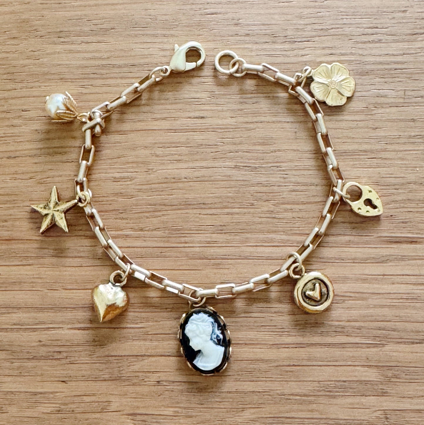 Adjustable 24K Satin Gold Paperclip Charm Bracelet