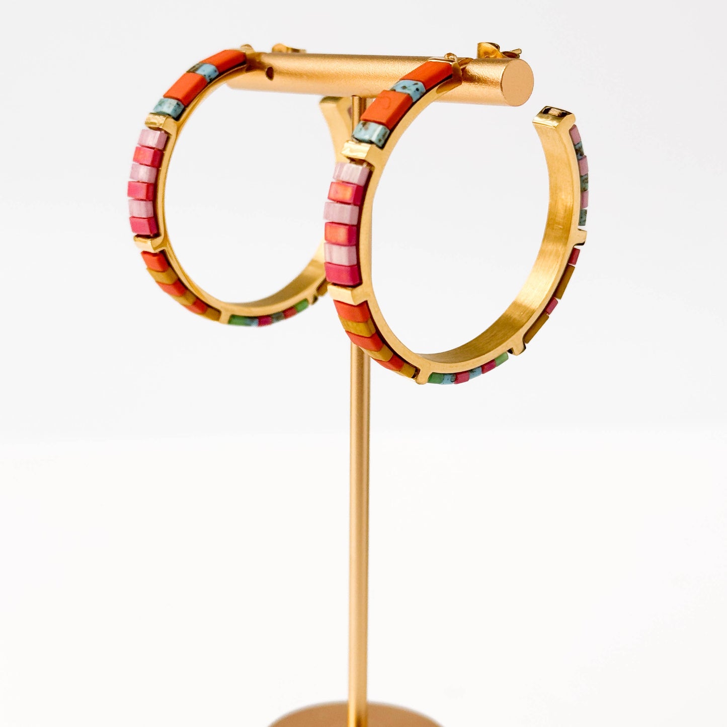 Big Turquoise Tila Bead Hoop Earrings Gold-Plated, Handmade
