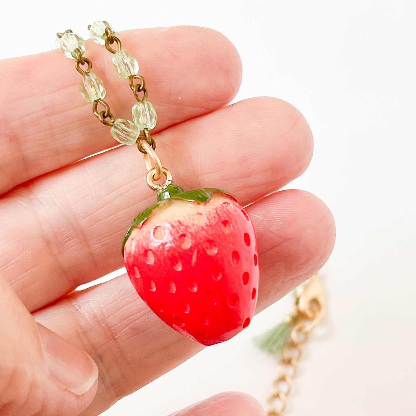 Strawberry Charm Necklace with Green Beads