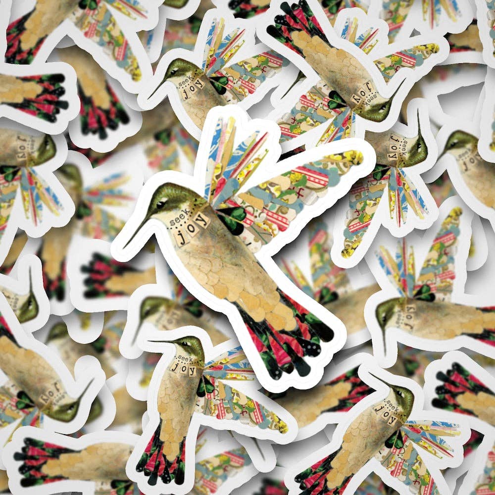 Seek Joy hummingbird sticker with artwork by Kelly Rae Roberts