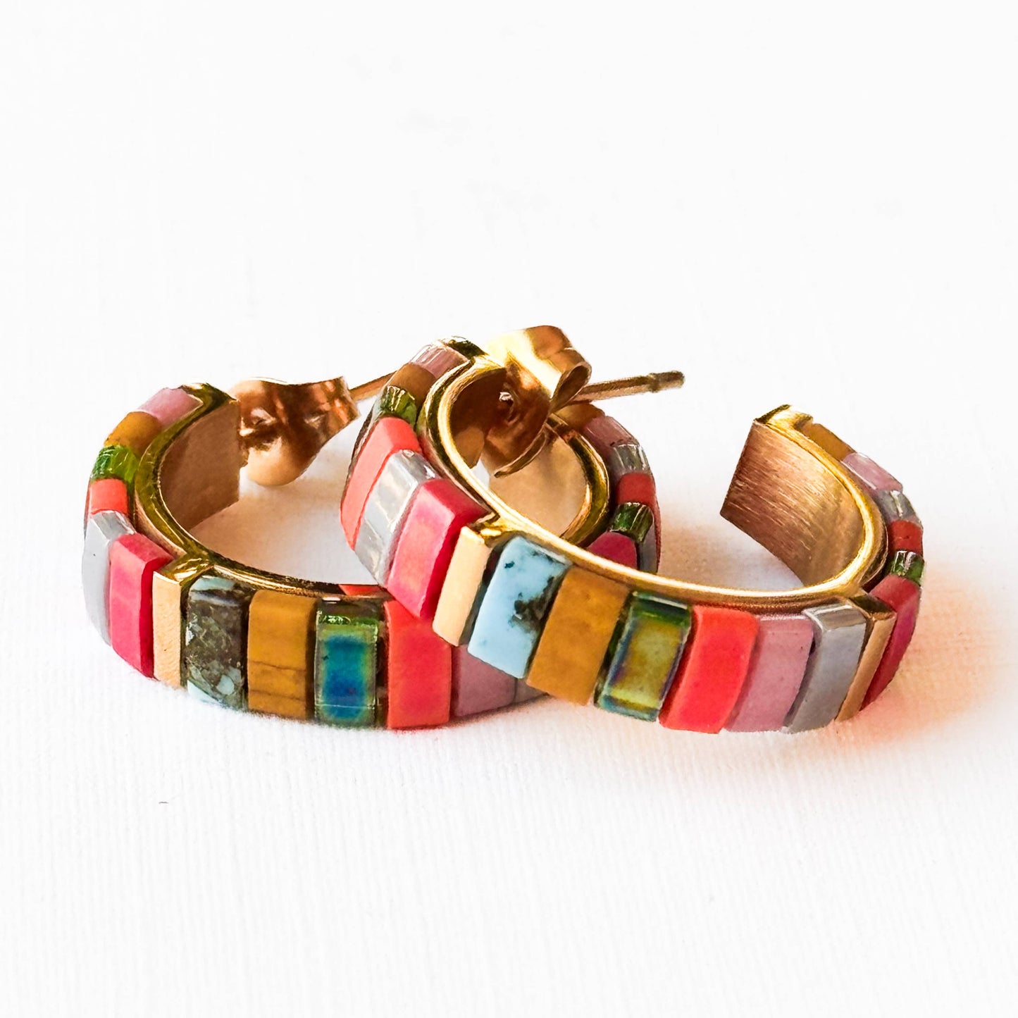 Small Tila Bead Hoop Earrings Gold-Plated, Handmade, Unique