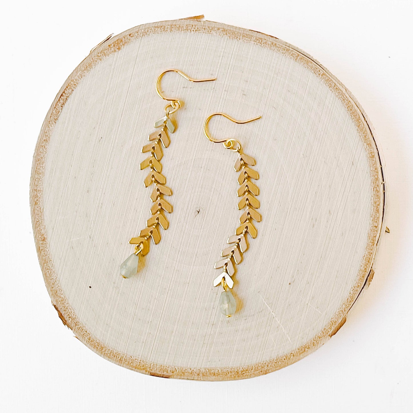 Long Gold Chevron and  Pale grey Bead Earrings