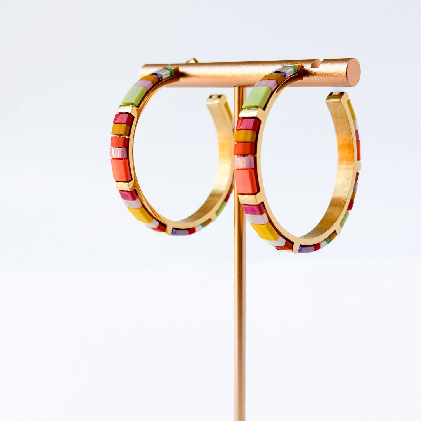 Big Tila Bead Hoop Earrings Gold-Plated, Handmade & Unique