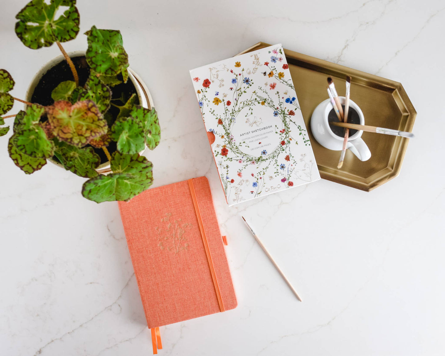 Gold Floral Embossed Linen Cover Sketchbook