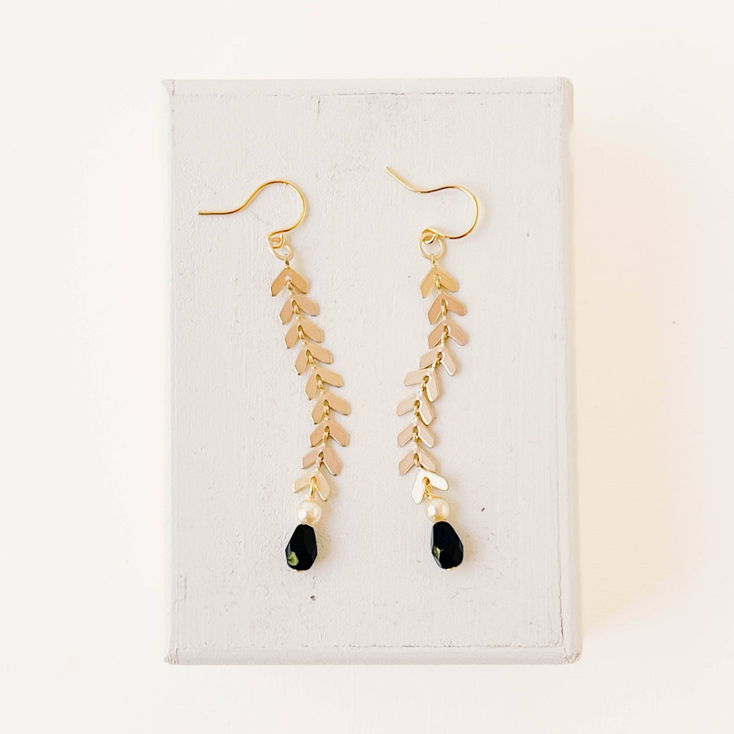 Long Gold Chevron Earrings with Pearl and Black Beads