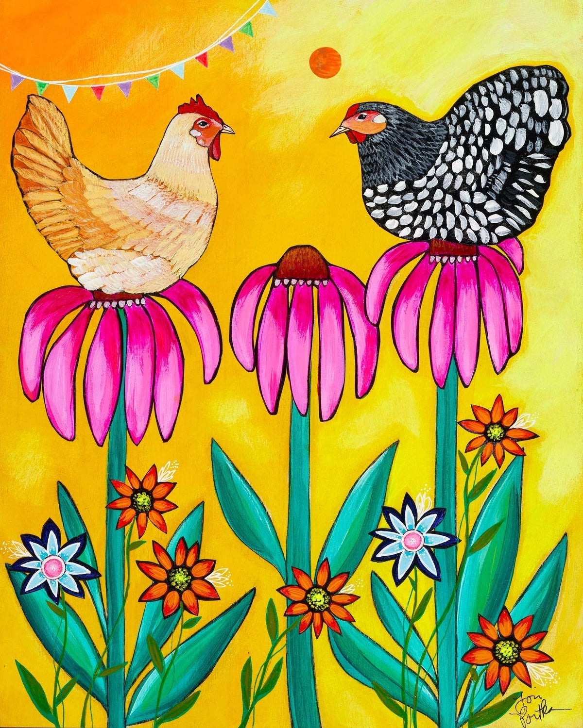 Coneflower Chickens Print by Lori Portka
