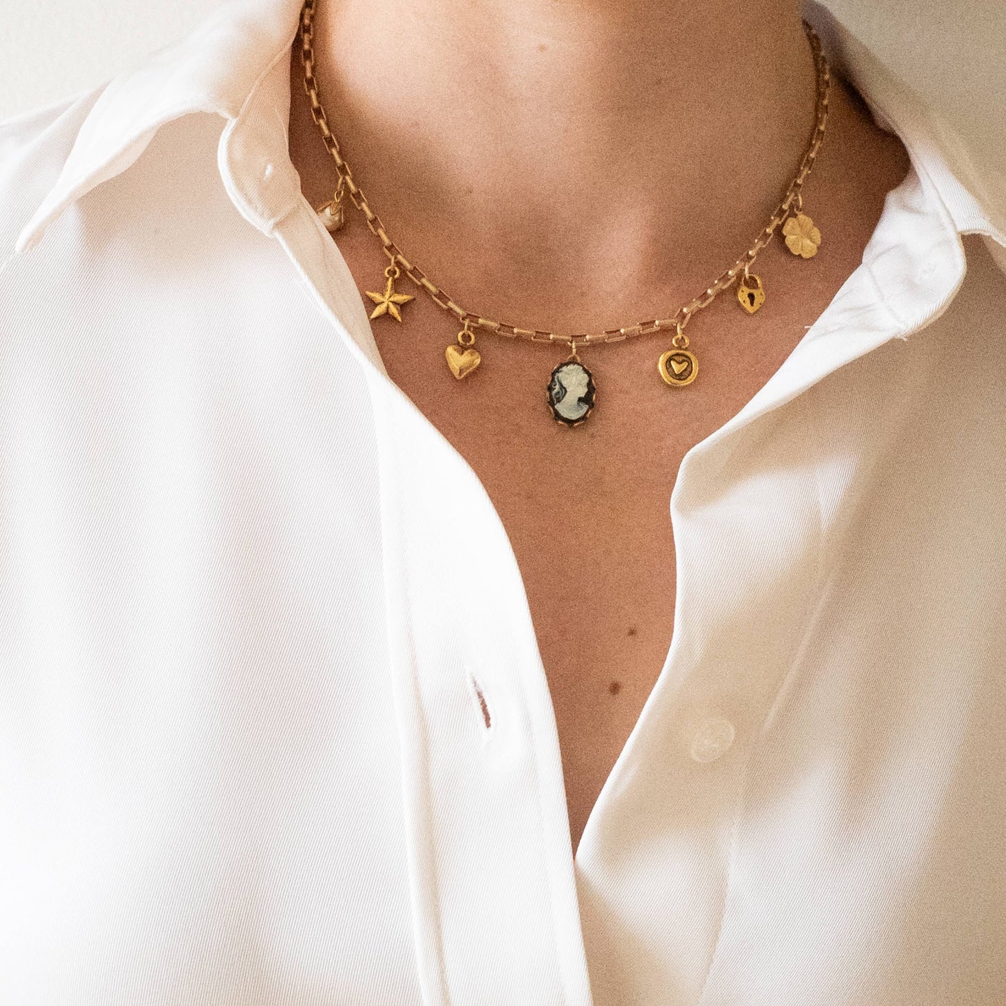 24K Satin Gold Multi-Charm Cameo Necklace