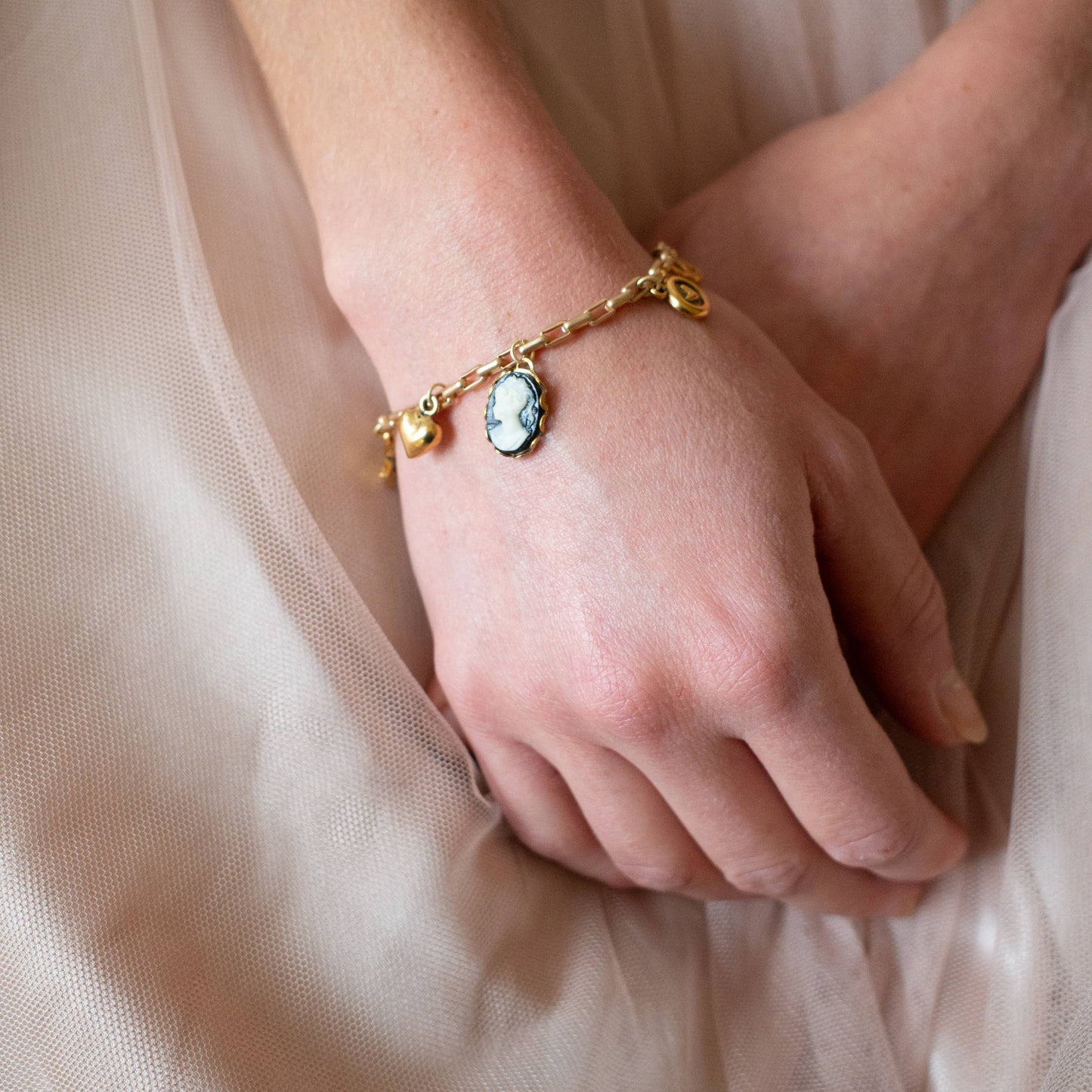 Adjustable 24K Satin Gold Paperclip Charm Bracelet