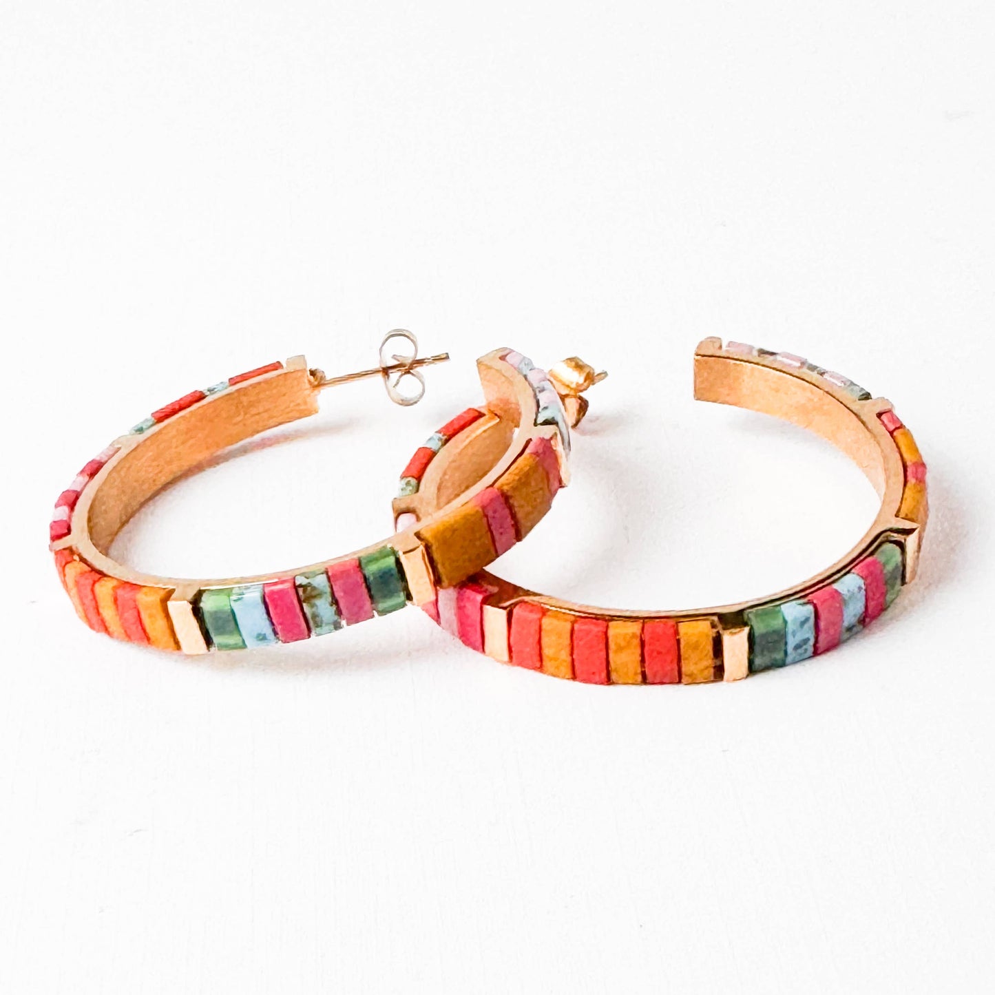 Big Turquoise Tila Bead Hoop Earrings Gold-Plated, Handmade