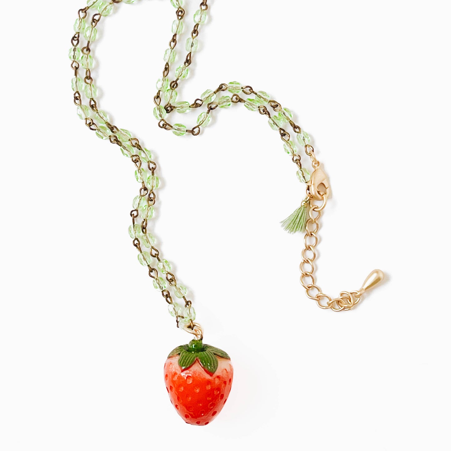 Strawberry Charm Necklace with Green Beads