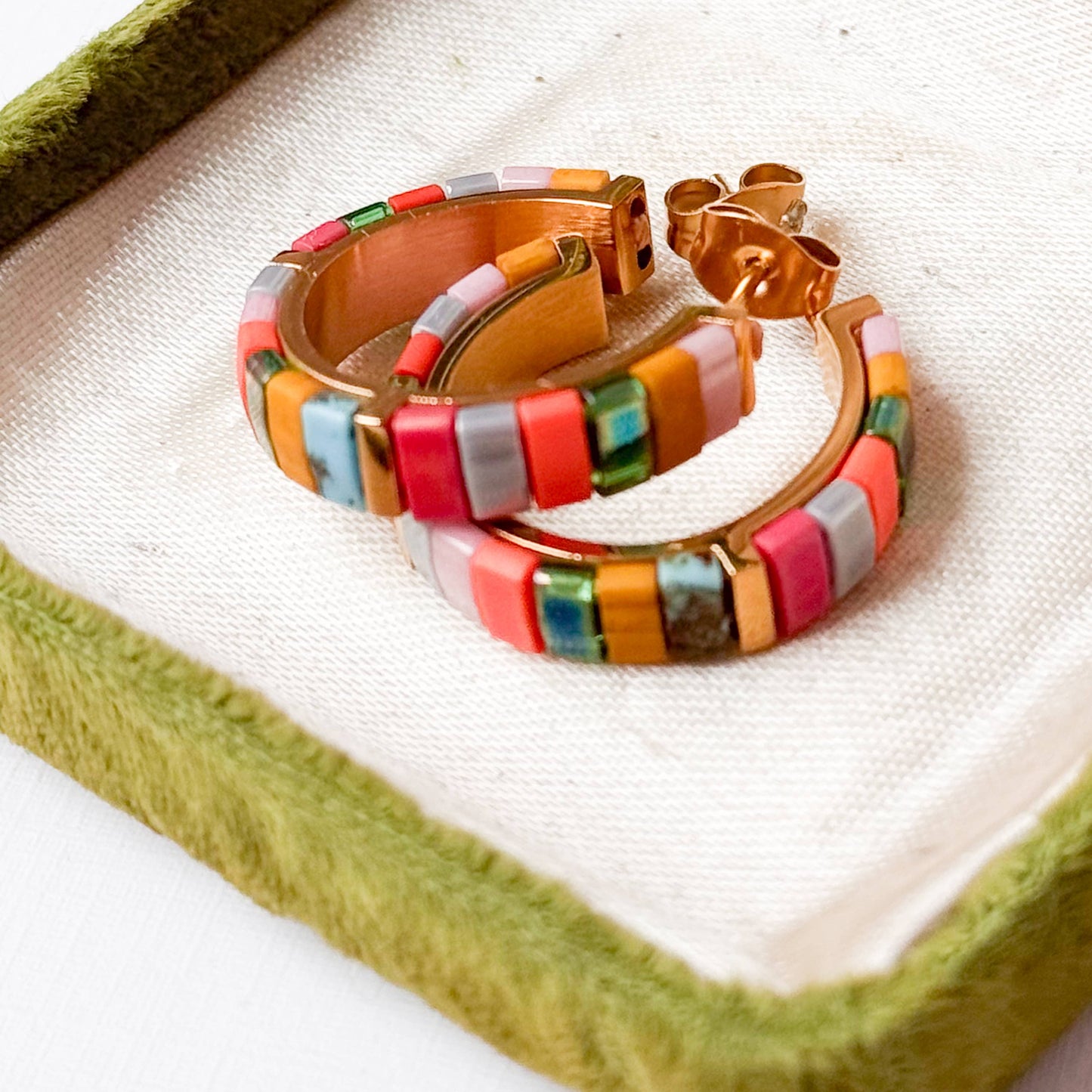 Small Tila Bead Hoop Earrings Gold-Plated, Handmade, Unique