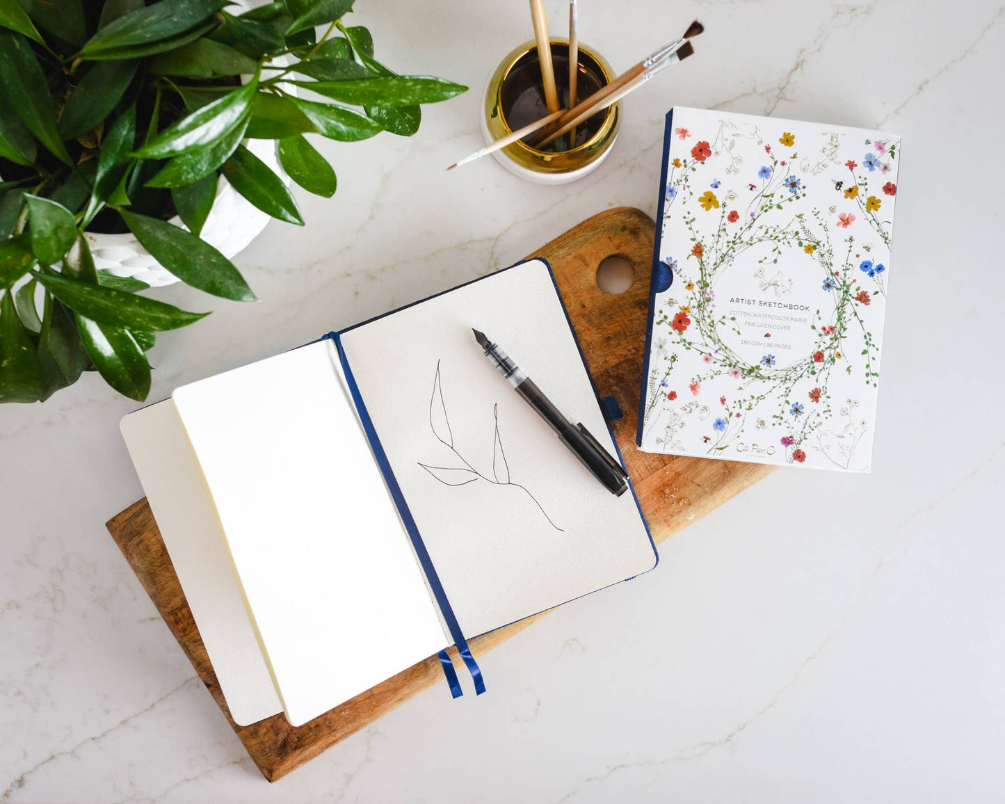 Gold Floral Embossed Linen Cover Sketchbook