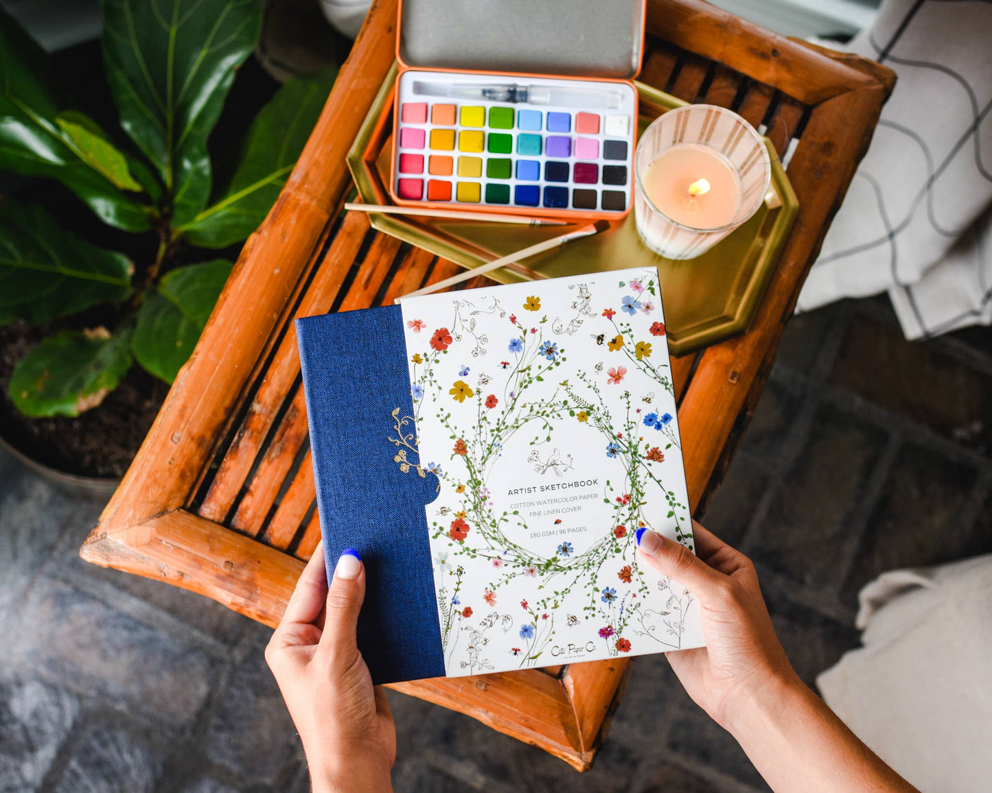 Gold Floral Embossed Linen Cover Sketchbook