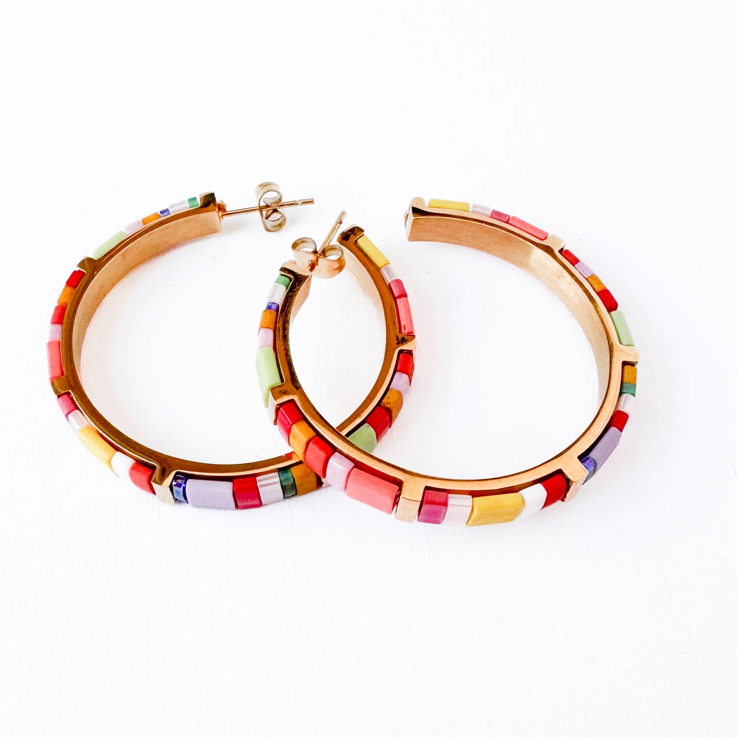 Big Tila Bead Hoop Earrings Gold-Plated, Handmade & Unique