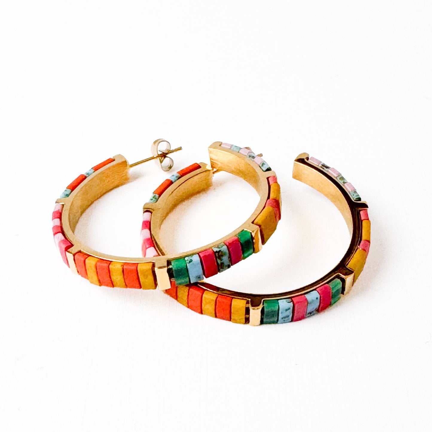 Big Turquoise Tila Bead Hoop Earrings Gold-Plated, Handmade
