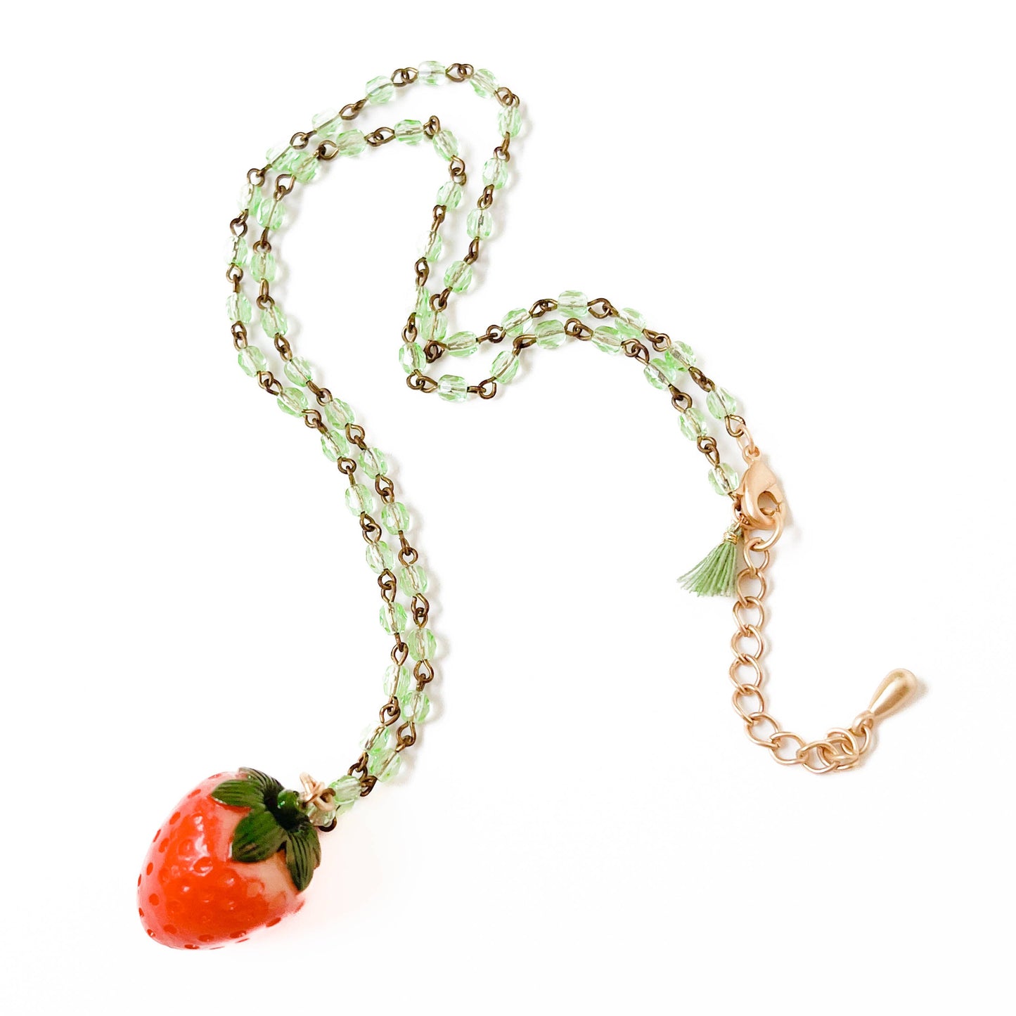 Strawberry Charm Necklace with Green Beads