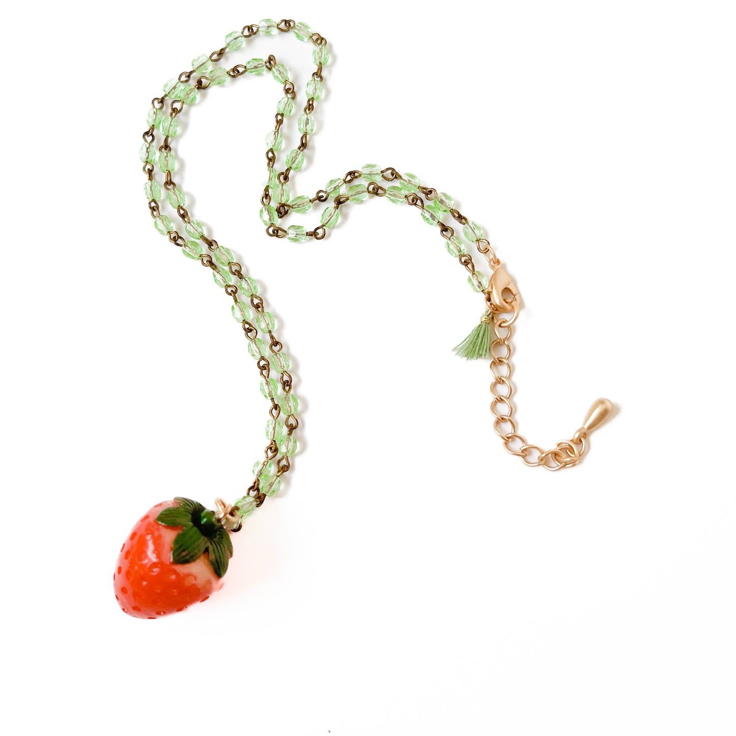 Strawberry Charm Necklace with Green Beads