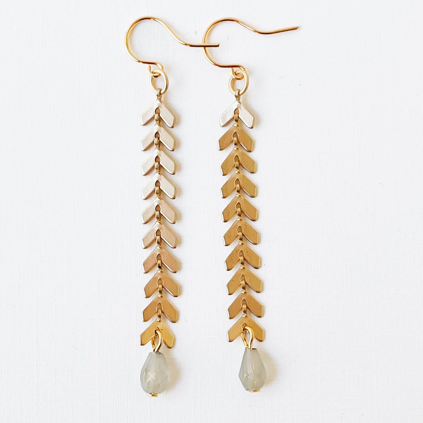 Long Gold Chevron and  Pale grey Bead Earrings