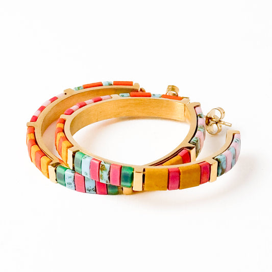 Big Turquoise Tila Bead Hoop Earrings Gold-Plated, Handmade