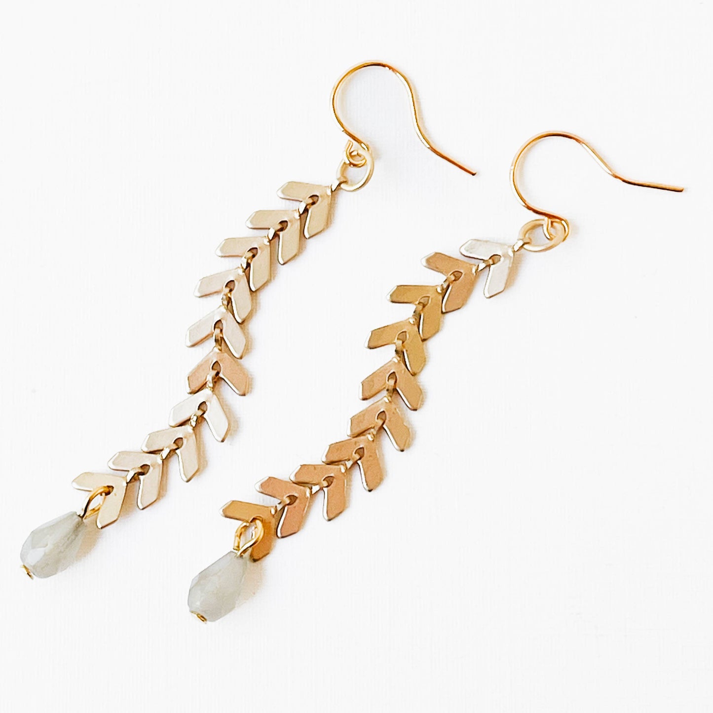 Long Gold Chevron and  Pale grey Bead Earrings