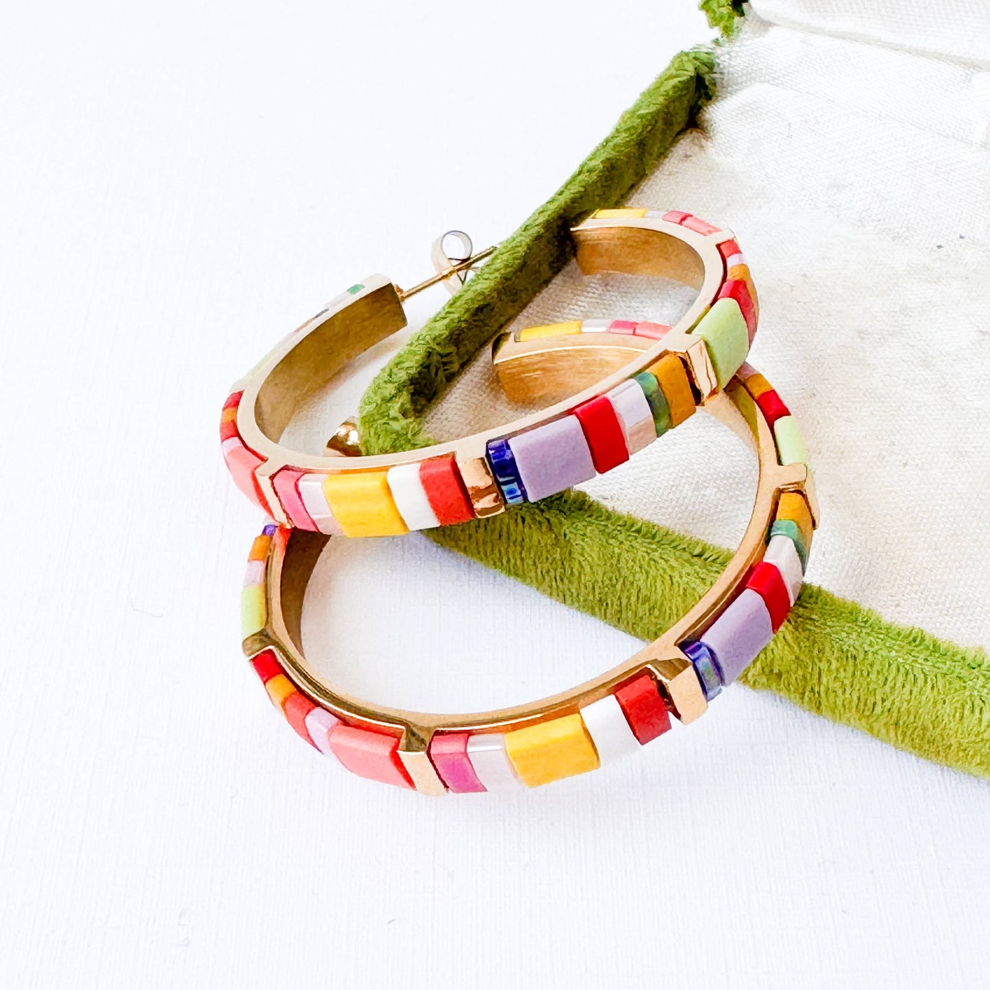 Big Tila Bead Hoop Earrings Gold-Plated, Handmade & Unique