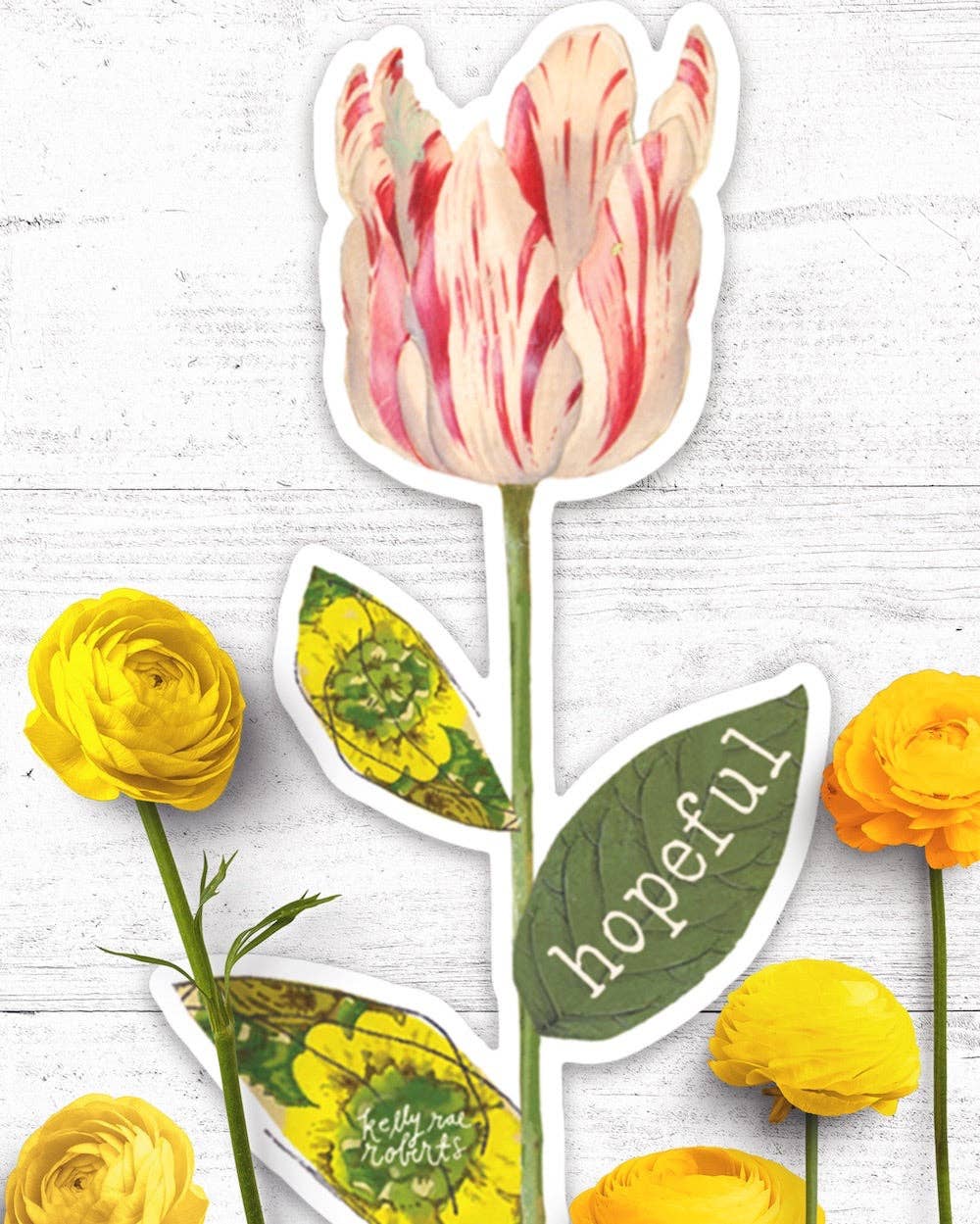 Hopeful tulip sticker with art by Kelly Rae Roberts