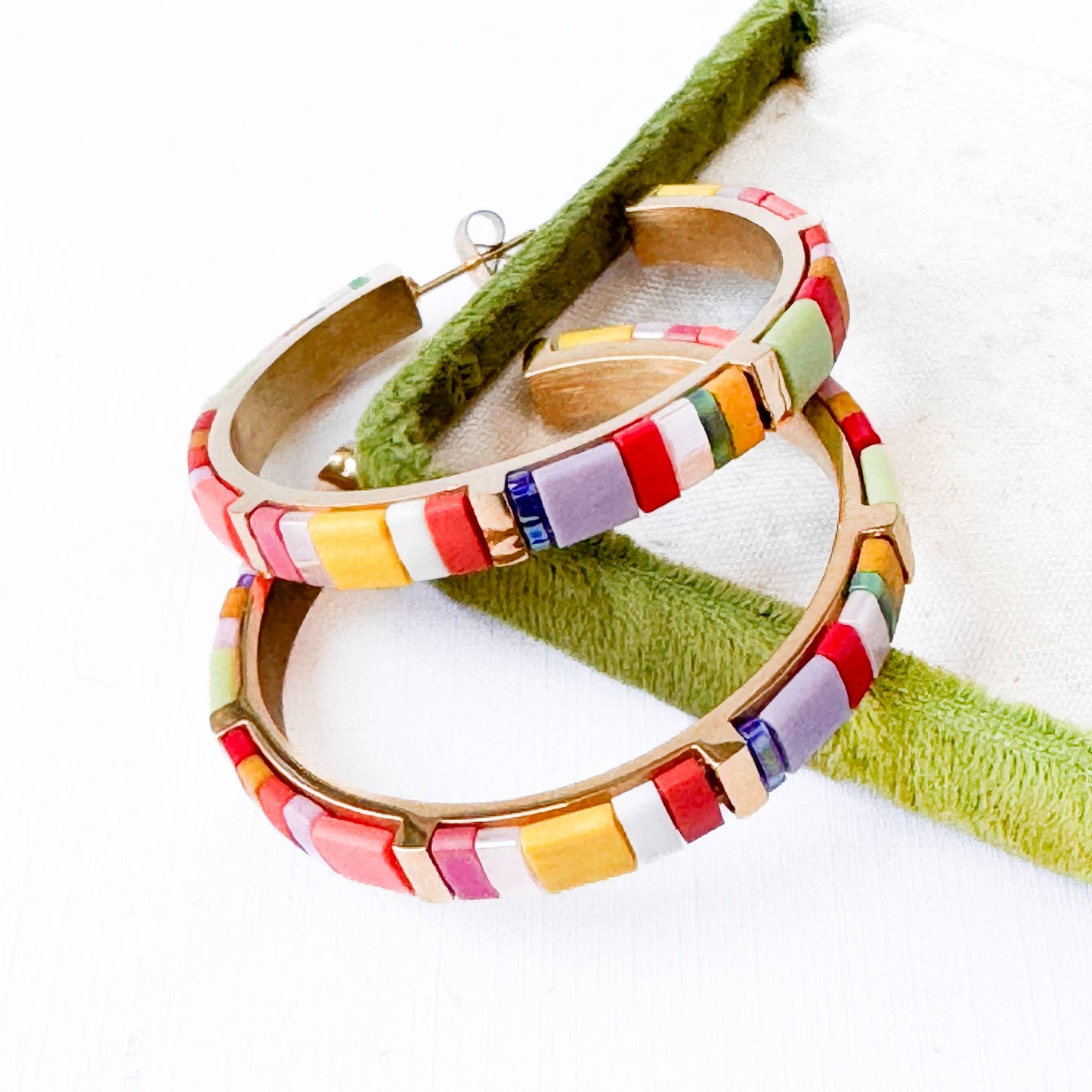 Big Tila Bead Hoop Earrings Gold-Plated, Handmade & Unique