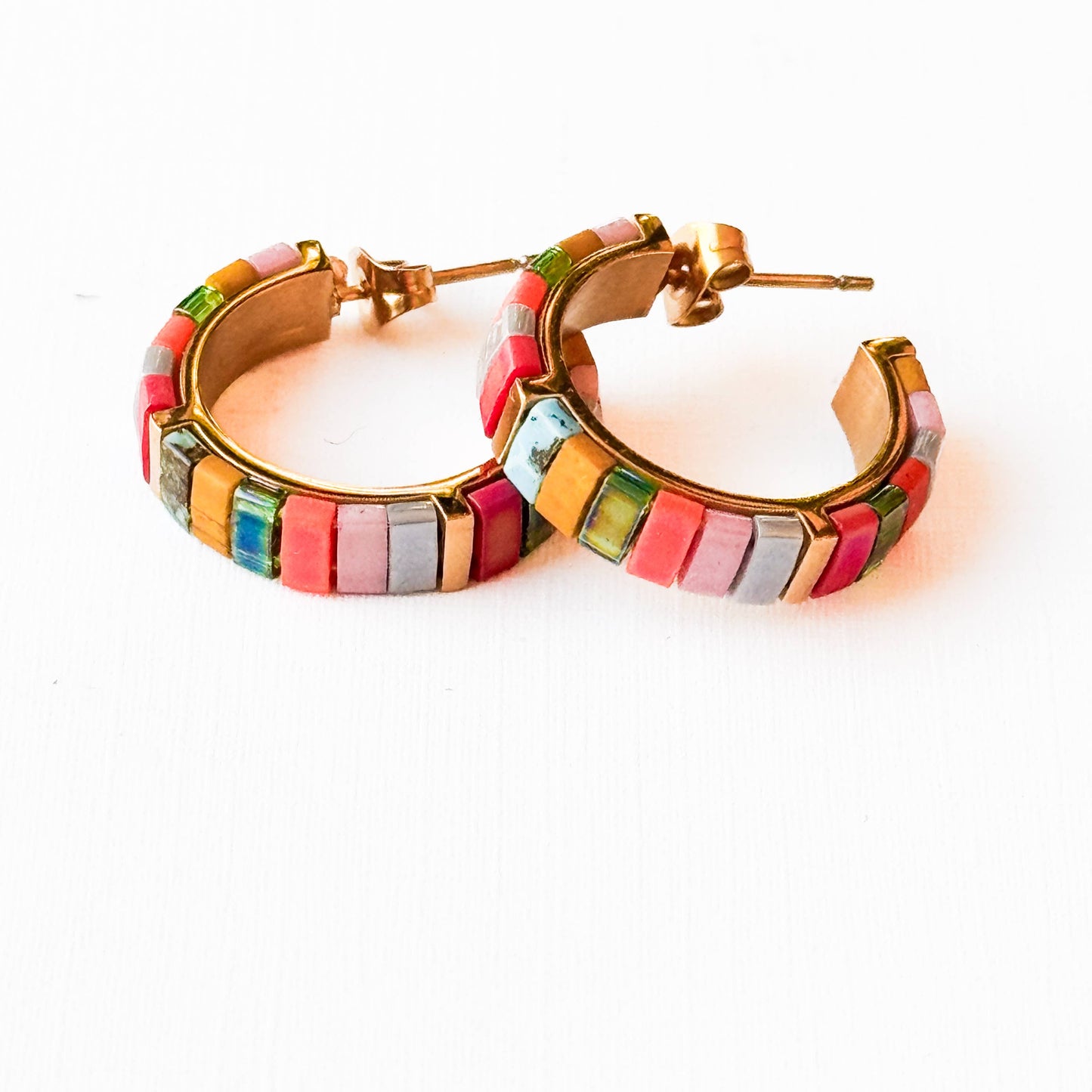 Small Tila Bead Hoop Earrings Gold-Plated, Handmade, Unique