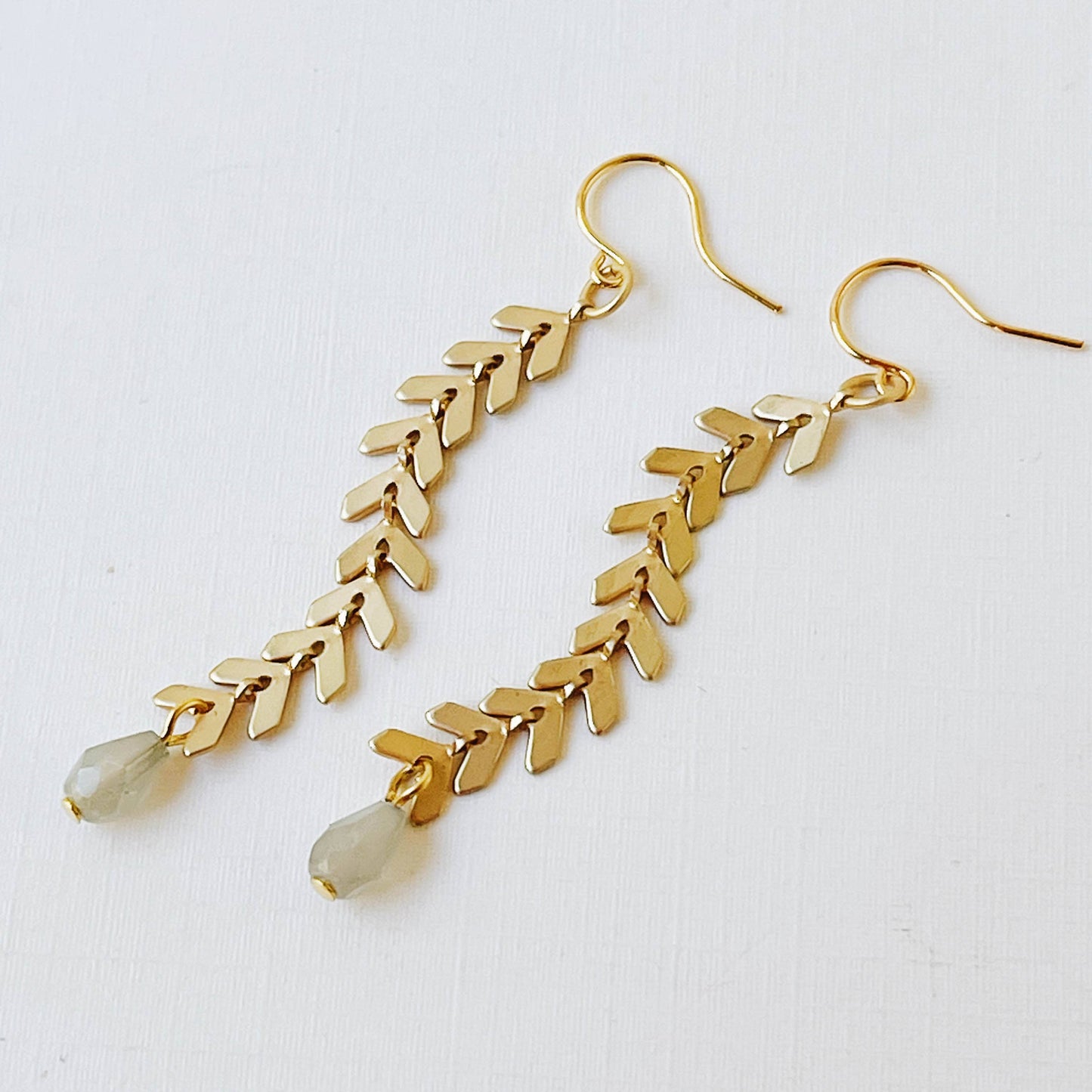 Long Gold Chevron and  Pale grey Bead Earrings