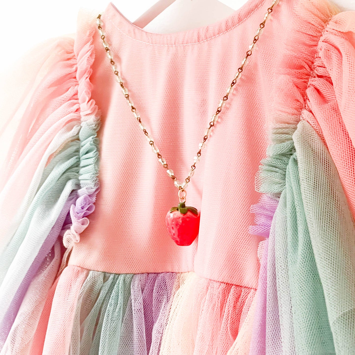 Strawberry Charm Necklace with Green Beads