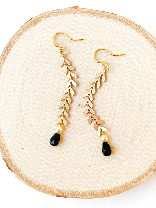 Long Gold Chevron Earrings with Pearl and Black Beads